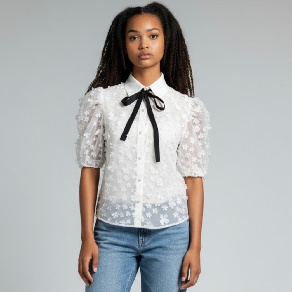 NWT Sister Jane White Sheer Floral Puff Sleeve Bow Tie Shirt Blouse‎ Top XS